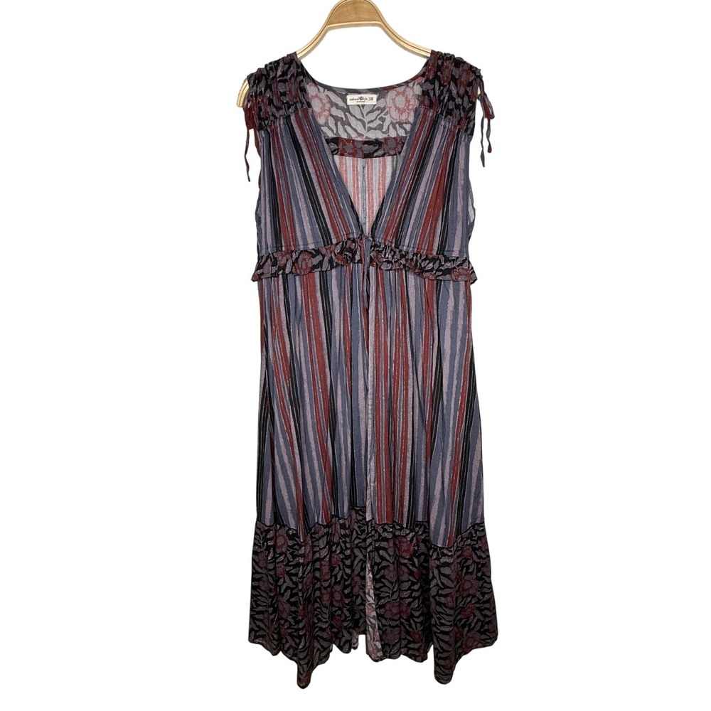 Natural Life Striped Floral Ruffle V Neck Maxi Coverup Sz S/M Tie Front Boho